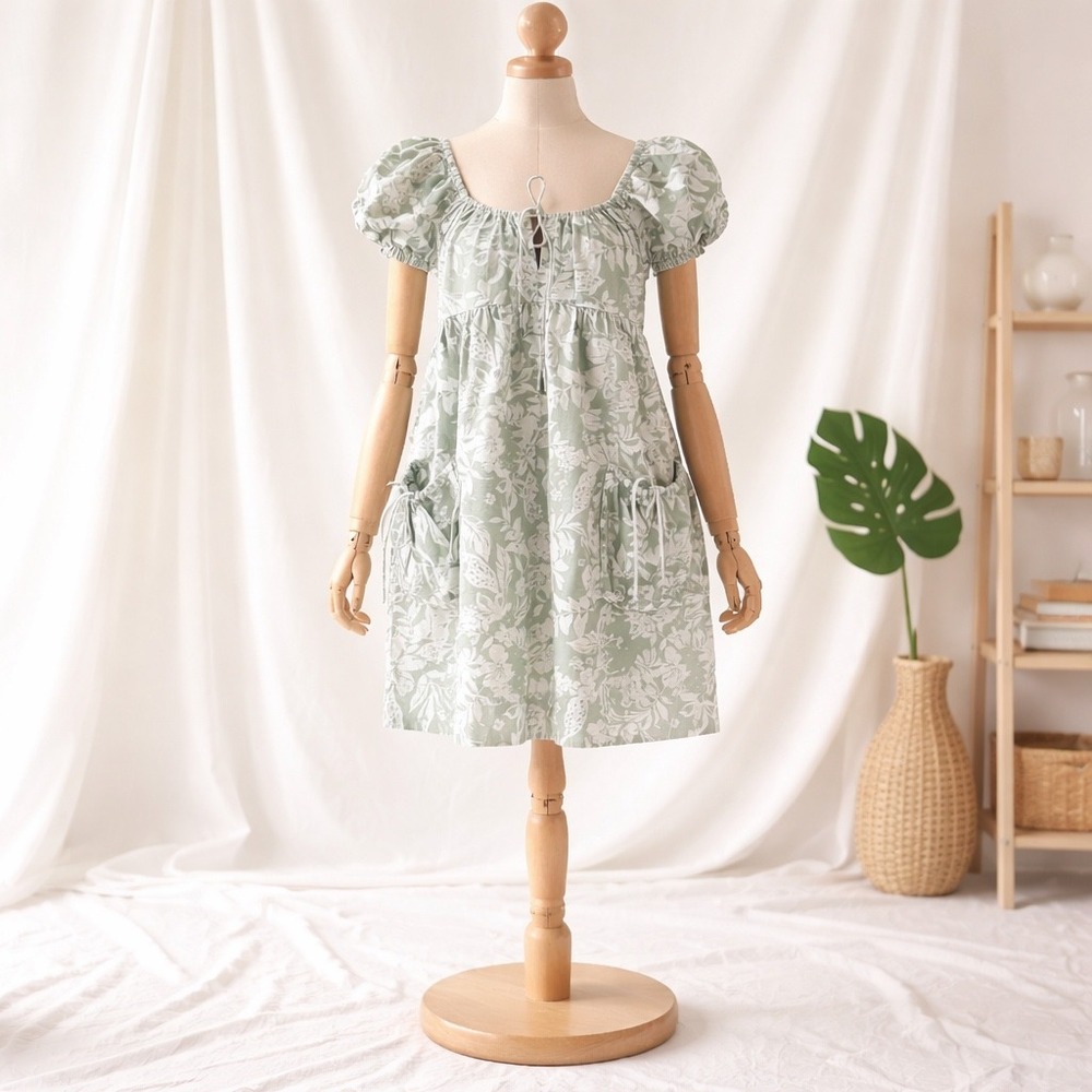 Lucky Brand Sage Green Floral Hemp Cotton Babydoll Mini Dress Puff Sleeve Small